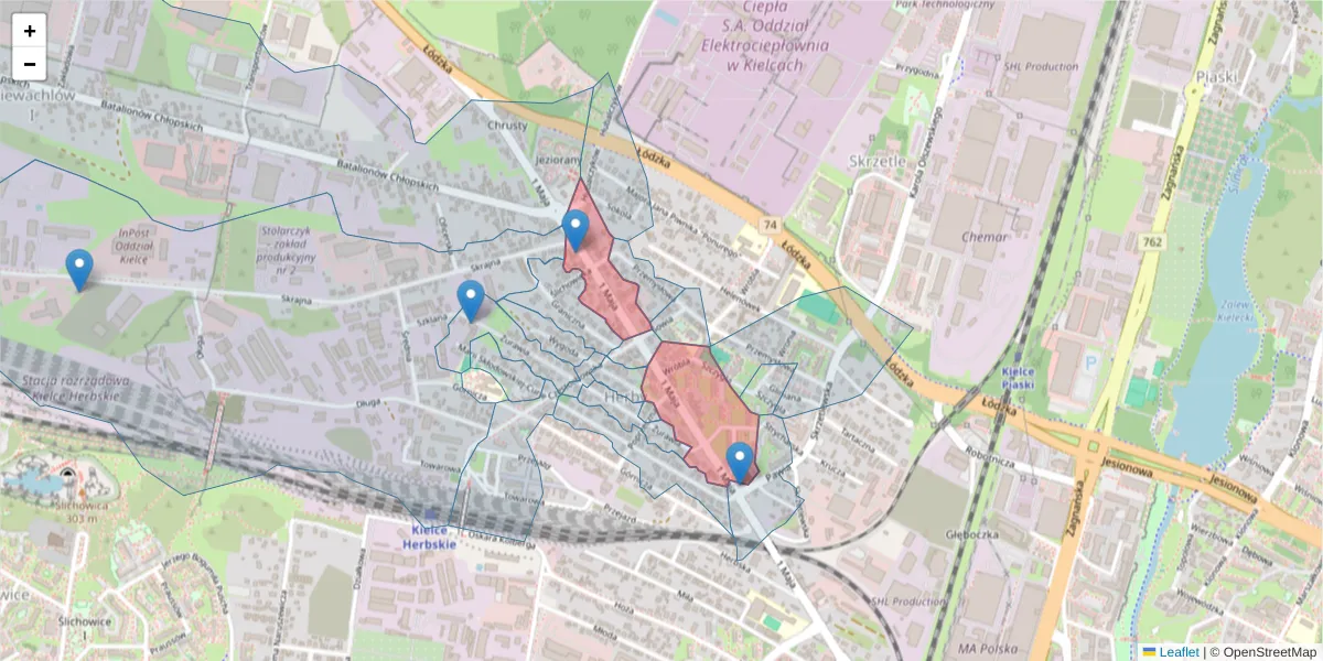Szczegółowa mapa kodu pocztowego 25-614 z granicami, sąsiednimi kodami pocztowymi i urzędami pocztowymi