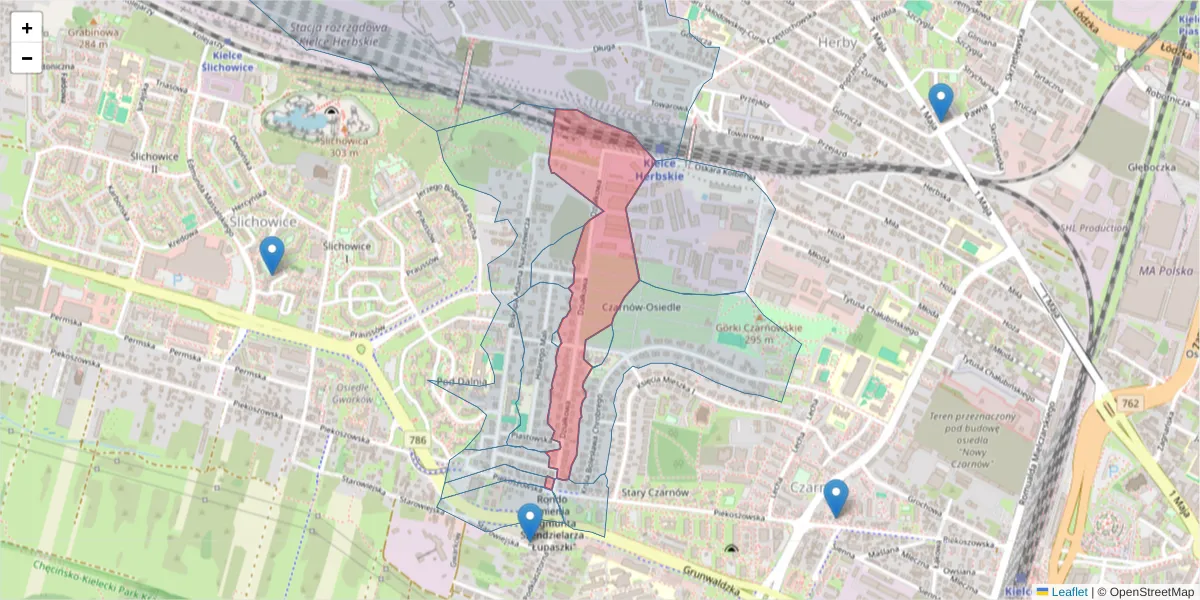 Szczegółowa mapa kodu pocztowego 25-626 z granicami, sąsiednimi kodami pocztowymi i urzędami pocztowymi