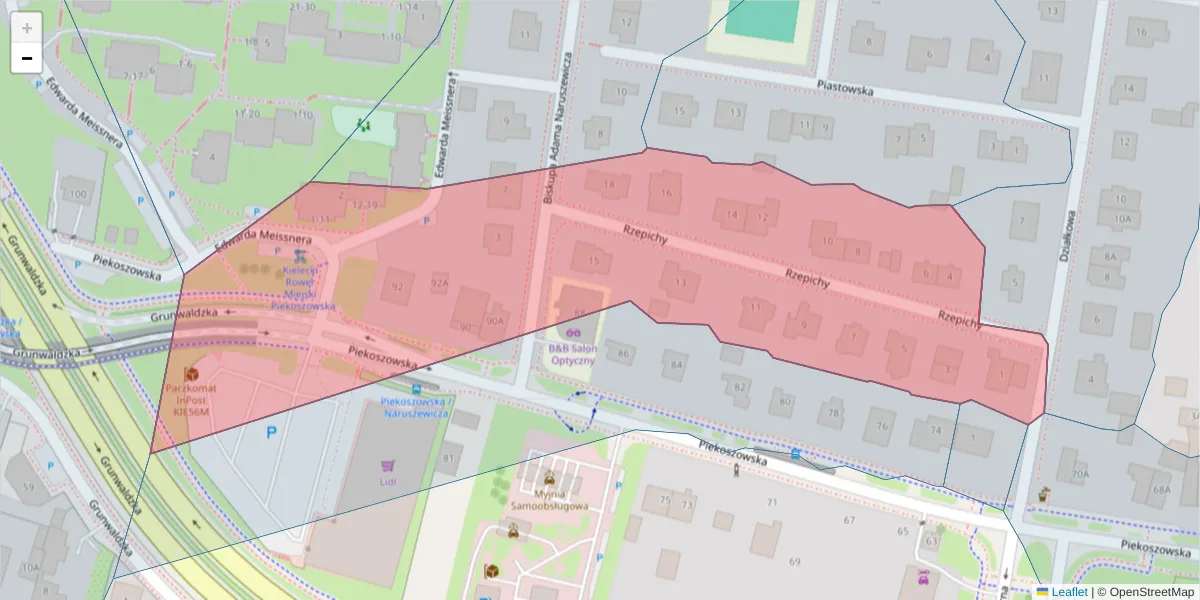 Szczegółowa mapa kodu pocztowego 25-629 z granicami, sąsiednimi kodami pocztowymi i urzędami pocztowymi