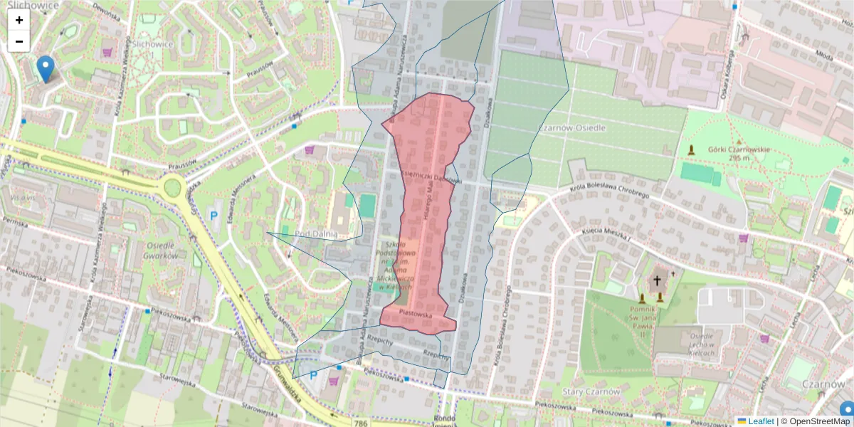 Szczegółowa mapa kodu pocztowego 25-630 z granicami, sąsiednimi kodami pocztowymi i urzędami pocztowymi
