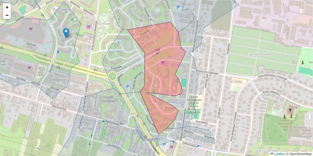 Szczegółowa mapa kodu pocztowego 25-634 z granicami, sąsiednimi kodami pocztowymi i urzędami pocztowymi