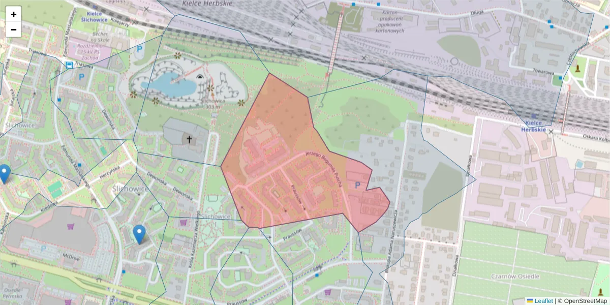 Szczegółowa mapa kodu pocztowego 25-635 z granicami, sąsiednimi kodami pocztowymi i urzędami pocztowymi