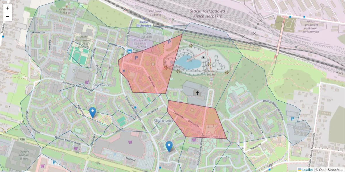 Szczegółowa mapa kodu pocztowego 25-637 z granicami, sąsiednimi kodami pocztowymi i urzędami pocztowymi