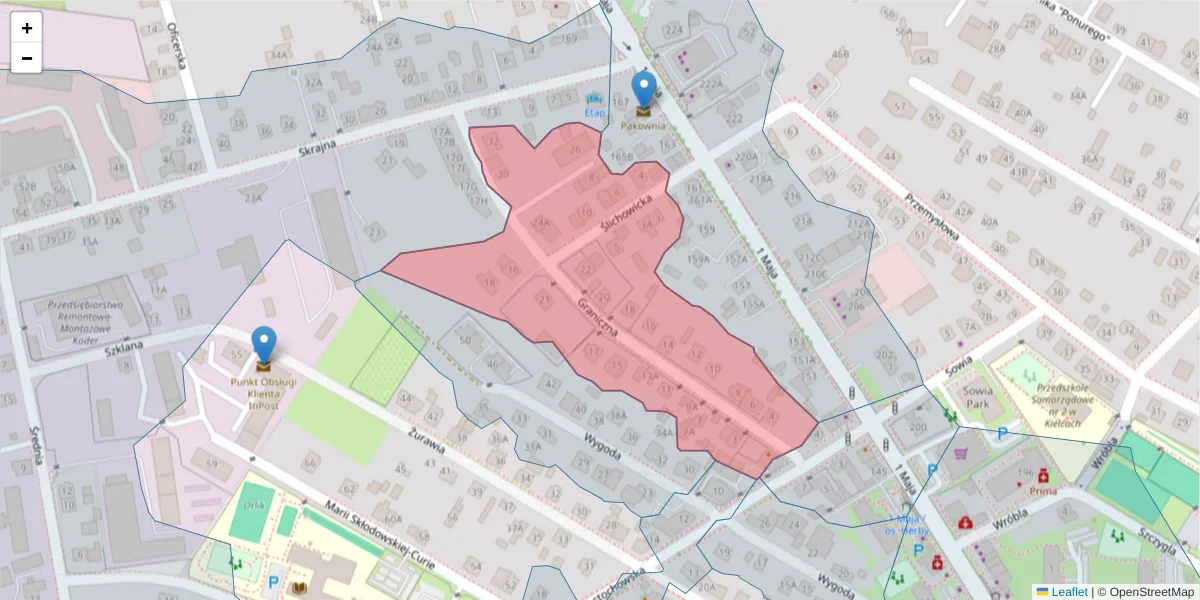 Szczegółowa mapa kodu pocztowego 25-649 z granicami, sąsiednimi kodami pocztowymi i urzędami pocztowymi