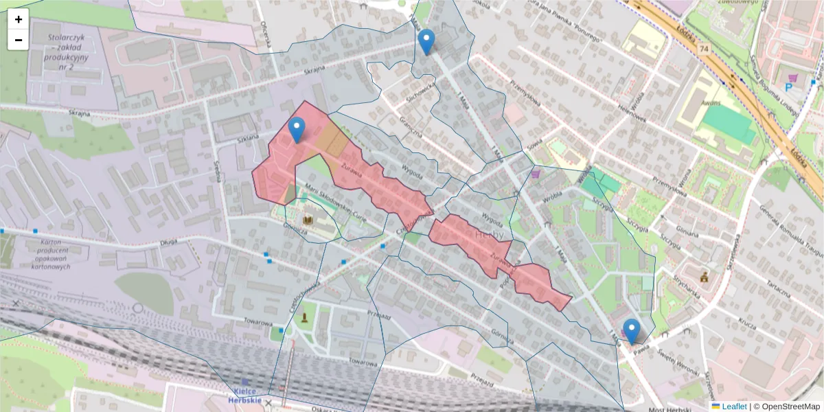 Szczegółowa mapa kodu pocztowego 25-653 z granicami, sąsiednimi kodami pocztowymi i urzędami pocztowymi