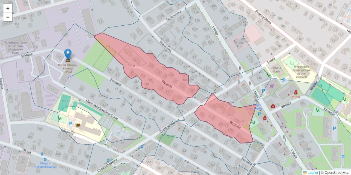 Szczegółowa mapa kodu pocztowego 25-654 z granicami, sąsiednimi kodami pocztowymi i urzędami pocztowymi