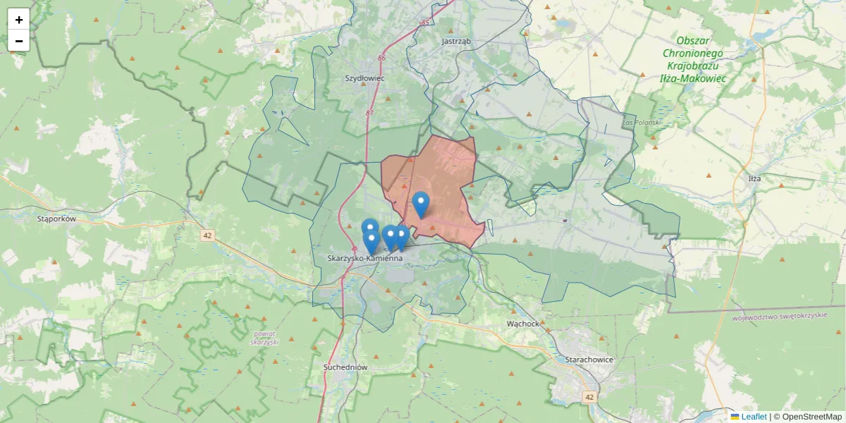 Szczegółowa mapa kodu pocztowego 26-115 z granicami, sąsiednimi kodami pocztowymi i urzędami pocztowymi