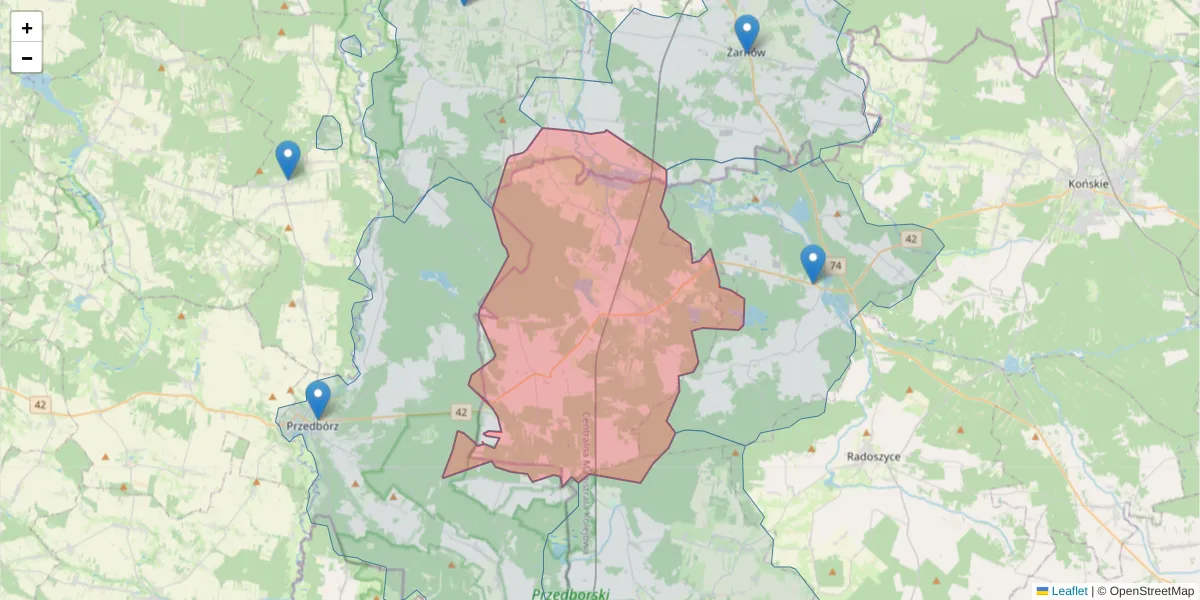 Szczegółowa mapa kodu pocztowego 26-260 z granicami, sąsiednimi kodami pocztowymi i urzędami pocztowymi