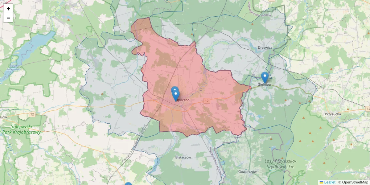 Szczegółowa mapa kodu pocztowego 26-300 z granicami, sąsiednimi kodami pocztowymi i urzędami pocztowymi