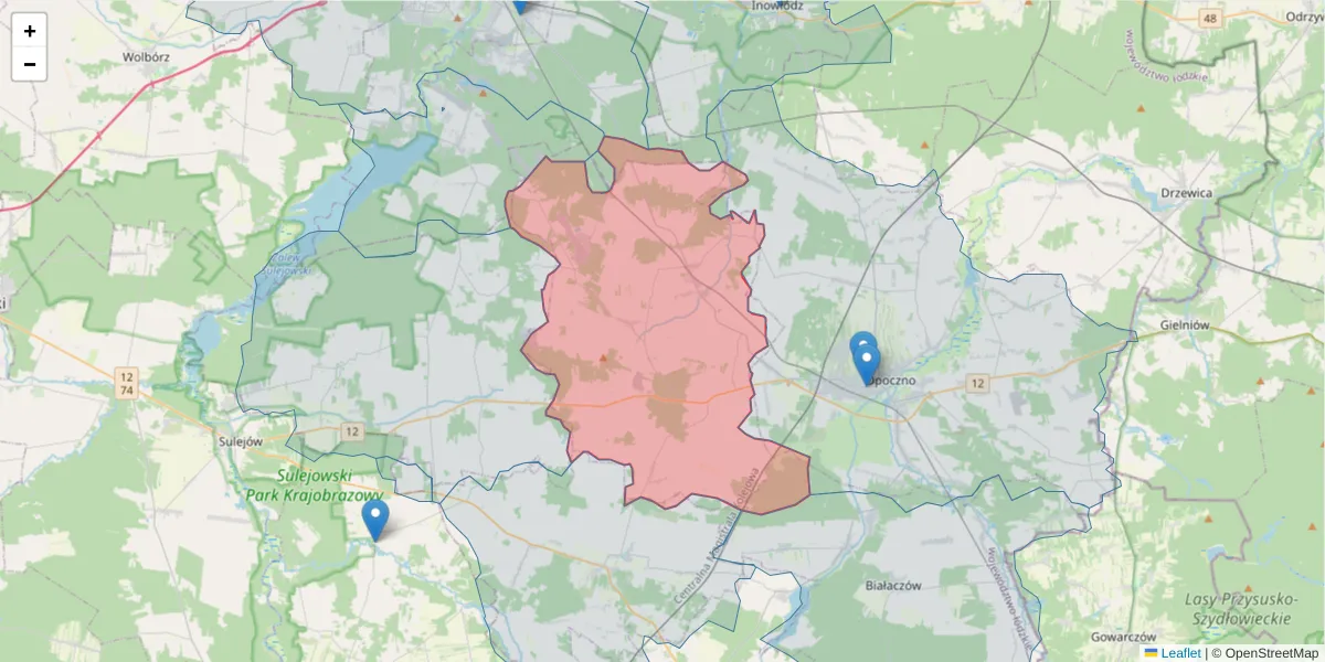 Szczegółowa mapa kodu pocztowego 26-332 z granicami, sąsiednimi kodami pocztowymi i urzędami pocztowymi