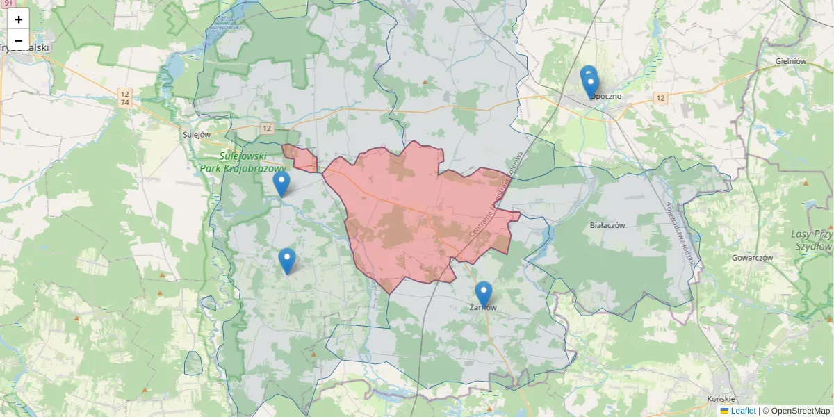 Szczegółowa mapa kodu pocztowego 26-333 z granicami, sąsiednimi kodami pocztowymi i urzędami pocztowymi