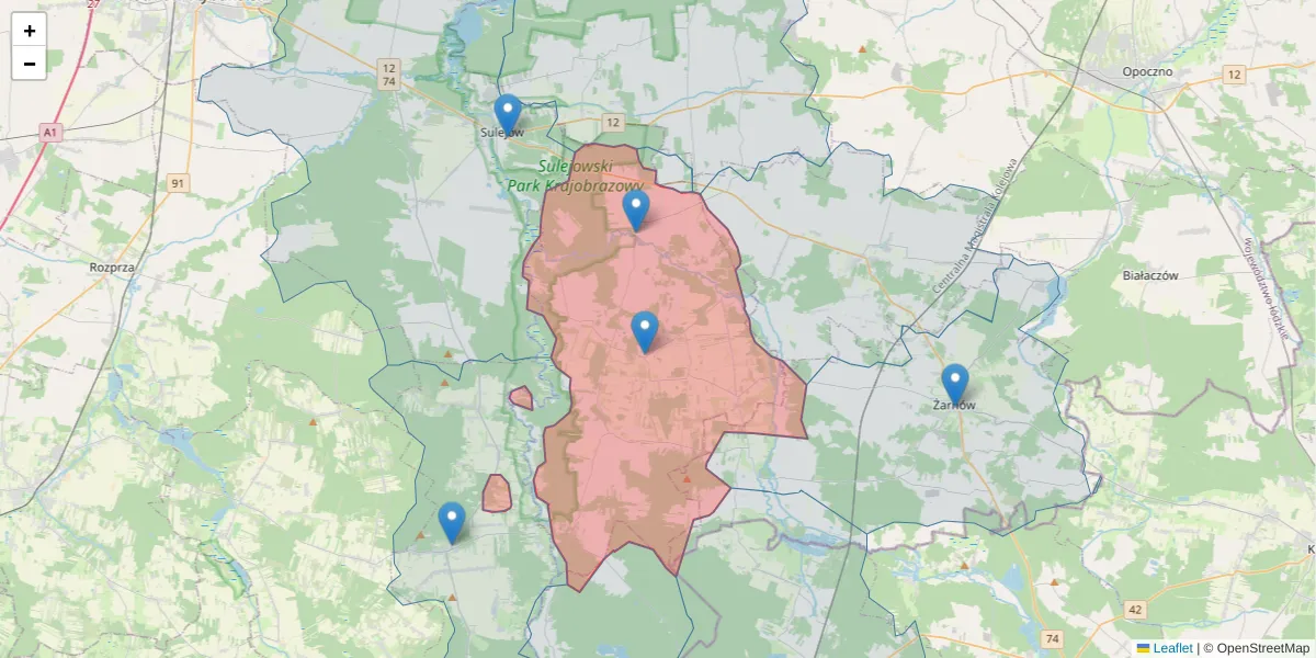 Szczegółowa mapa kodu pocztowego 26-337 z granicami, sąsiednimi kodami pocztowymi i urzędami pocztowymi