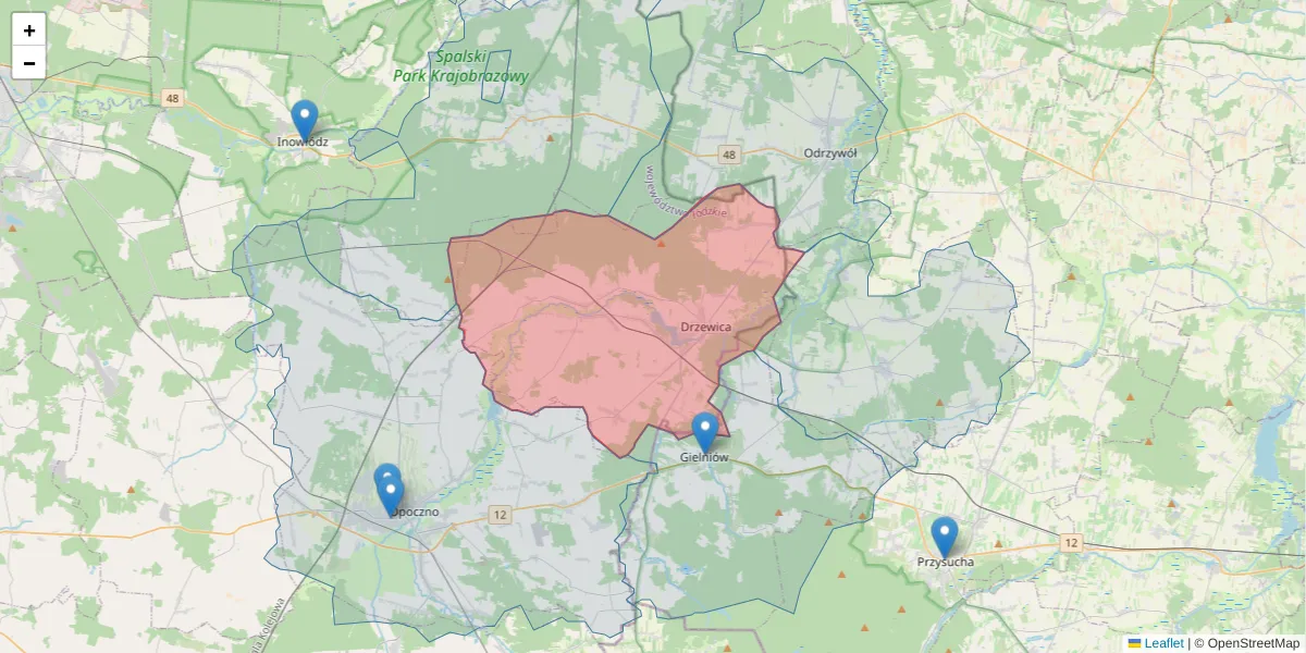 Szczegółowa mapa kodu pocztowego 26-340 z granicami, sąsiednimi kodami pocztowymi i urzędami pocztowymi