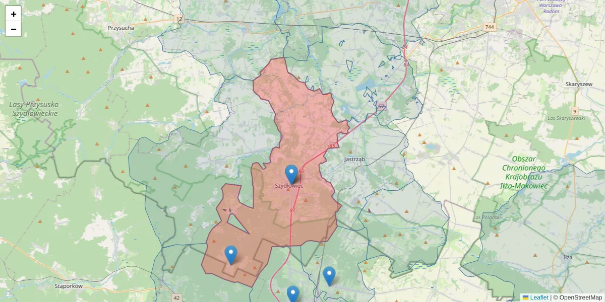 Szczegółowa mapa kodu pocztowego 26-500 z granicami, sąsiednimi kodami pocztowymi i urzędami pocztowymi