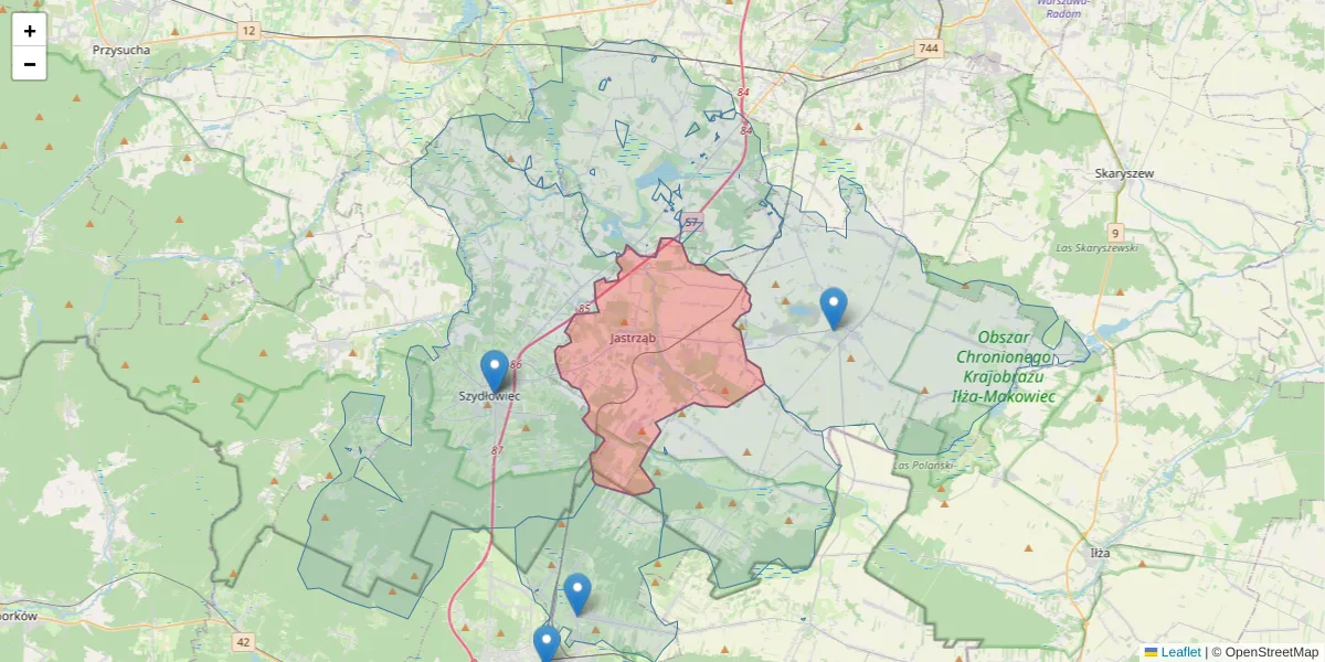 Szczegółowa mapa kodu pocztowego 26-502 z granicami, sąsiednimi kodami pocztowymi i urzędami pocztowymi