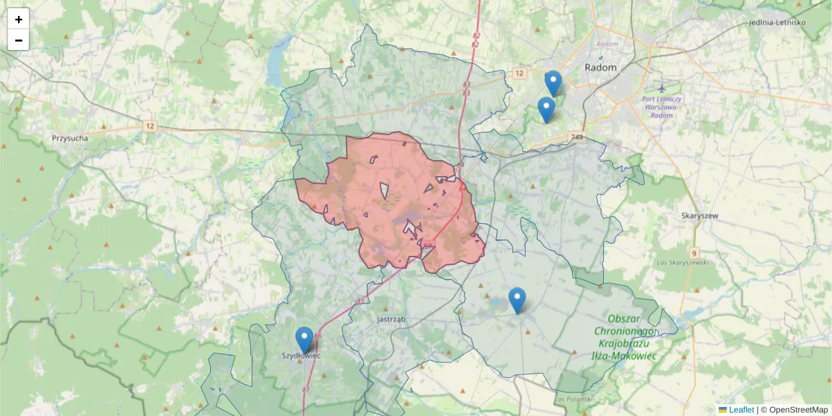 Szczegółowa mapa kodu pocztowego 26-505 z granicami, sąsiednimi kodami pocztowymi i urzędami pocztowymi