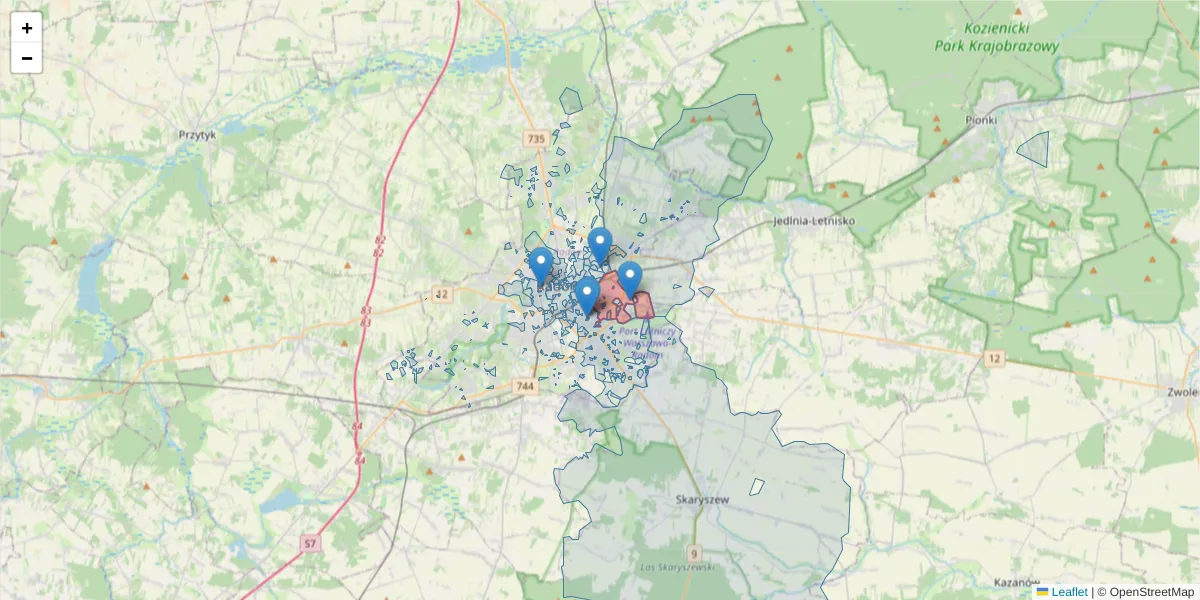 Szczegółowa mapa kodu pocztowego 26-603 z granicami, sąsiednimi kodami pocztowymi i urzędami pocztowymi