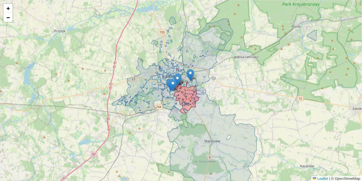 Szczegółowa mapa kodu pocztowego 26-604 z granicami, sąsiednimi kodami pocztowymi i urzędami pocztowymi