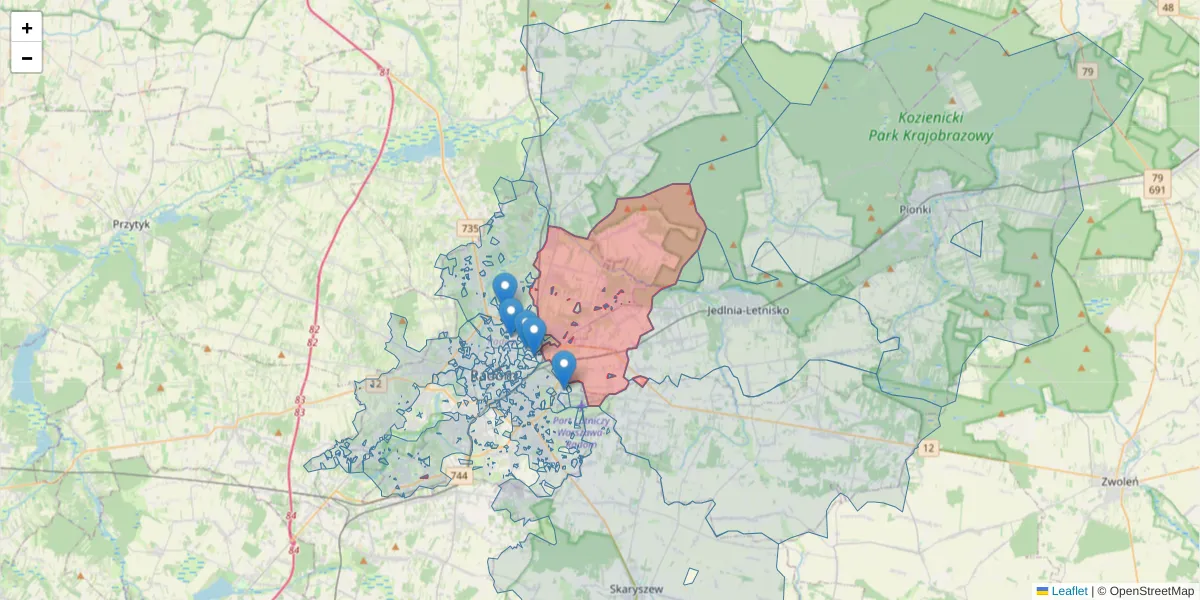 Szczegółowa mapa kodu pocztowego 26-613 z granicami, sąsiednimi kodami pocztowymi i urzędami pocztowymi