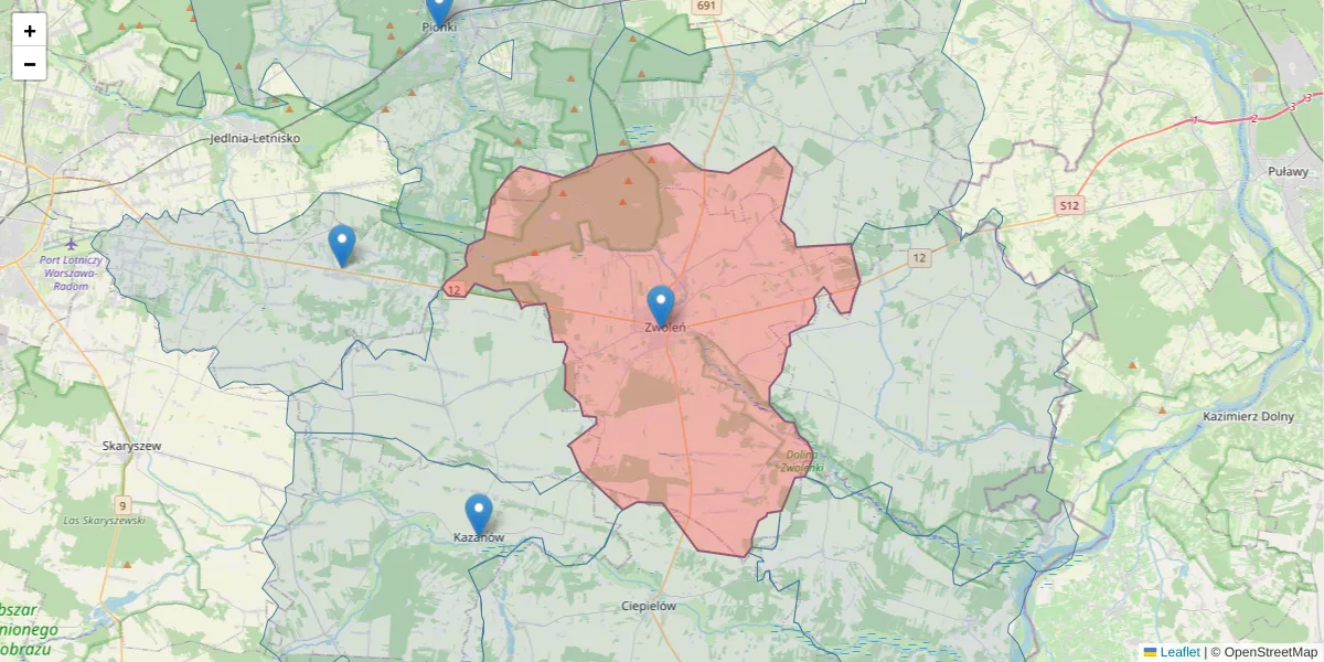 Szczegółowa mapa kodu pocztowego 26-700 z granicami, sąsiednimi kodami pocztowymi i urzędami pocztowymi