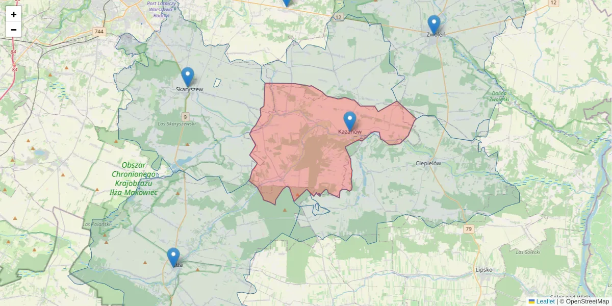 Szczegółowa mapa kodu pocztowego 26-713 z granicami, sąsiednimi kodami pocztowymi i urzędami pocztowymi