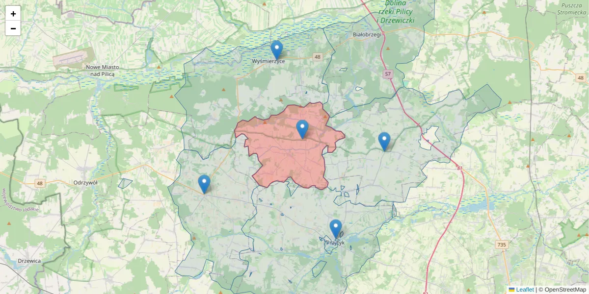 Szczegółowa mapa kodu pocztowego 26-807 z granicami, sąsiednimi kodami pocztowymi i urzędami pocztowymi