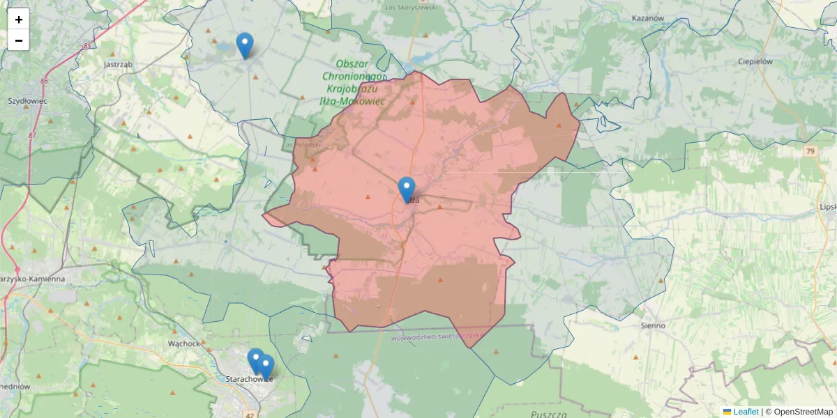 Szczegółowa mapa kodu pocztowego 27-100 z granicami, sąsiednimi kodami pocztowymi i urzędami pocztowymi