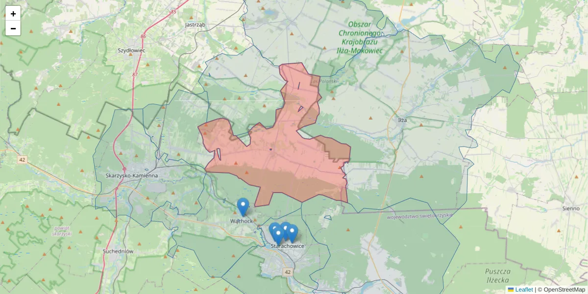 Szczegółowa mapa kodu pocztowego 27-220 z granicami, sąsiednimi kodami pocztowymi i urzędami pocztowymi