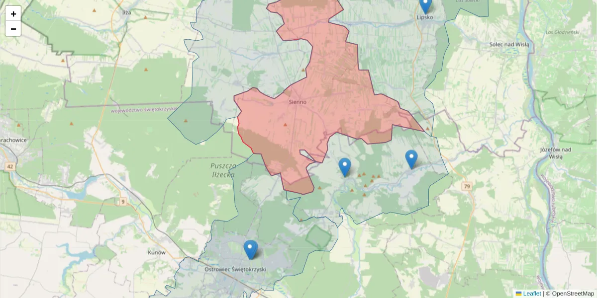Szczegółowa mapa kodu pocztowego 27-350 z granicami, sąsiednimi kodami pocztowymi i urzędami pocztowymi