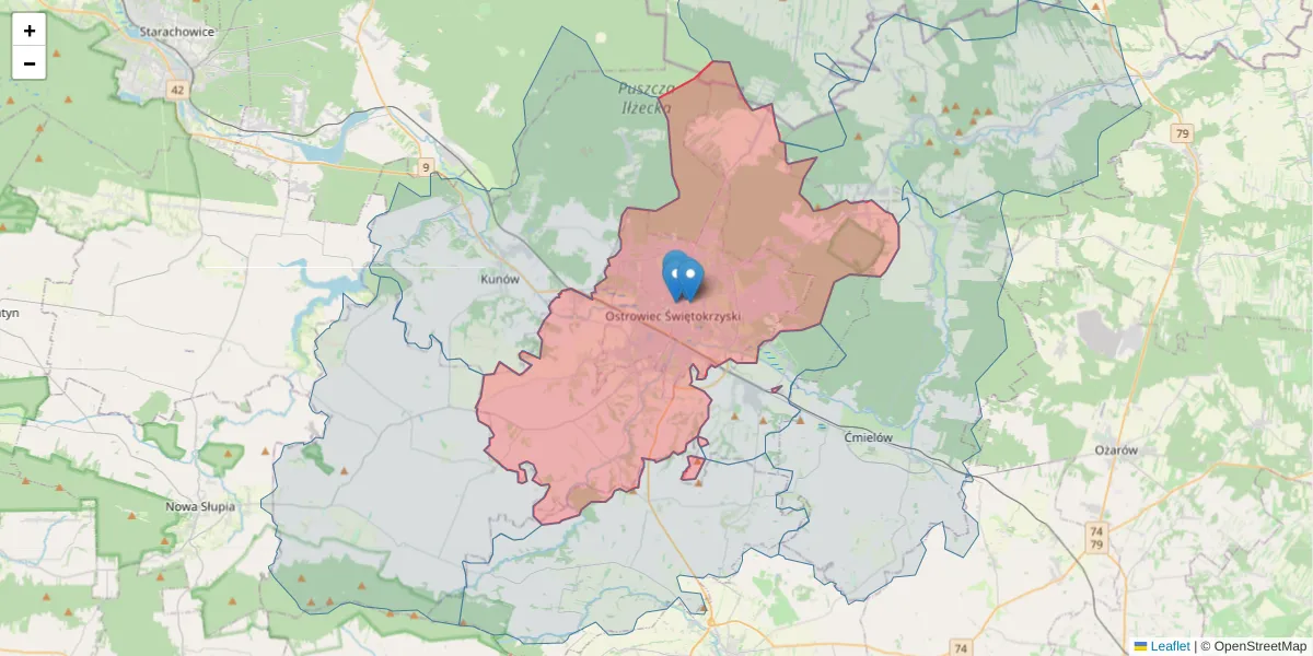 Szczegółowa mapa kodu pocztowego 27-400 z granicami, sąsiednimi kodami pocztowymi i urzędami pocztowymi