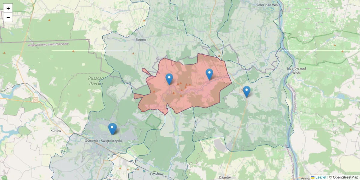 Szczegółowa mapa kodu pocztowego 27-423 z granicami, sąsiednimi kodami pocztowymi i urzędami pocztowymi