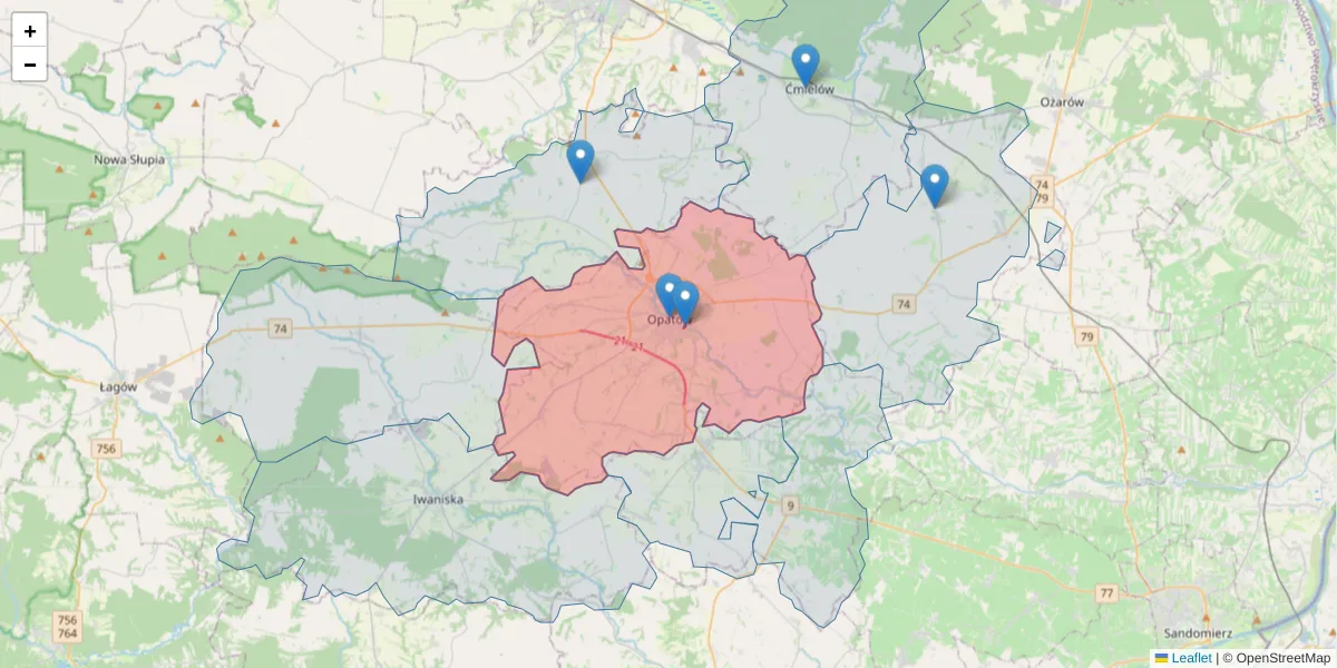Szczegółowa mapa kodu pocztowego 27-500 z granicami, sąsiednimi kodami pocztowymi i urzędami pocztowymi
