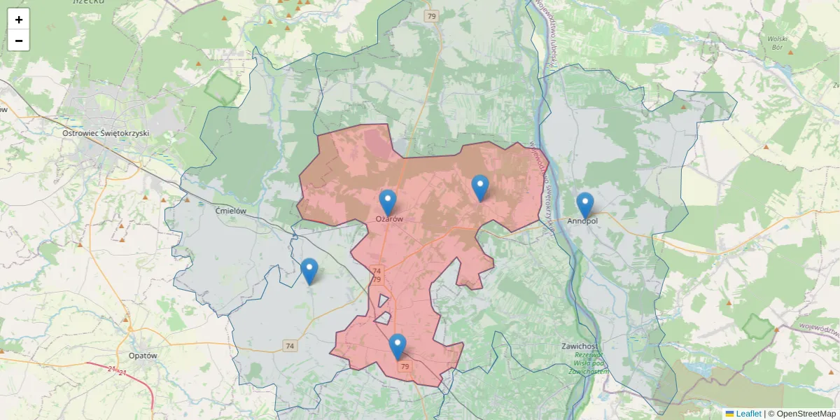 Szczegółowa mapa kodu pocztowego 27-530 z granicami, sąsiednimi kodami pocztowymi i urzędami pocztowymi