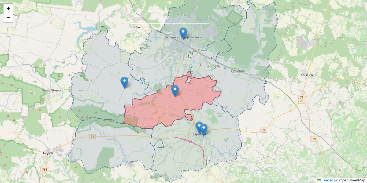 Szczegółowa mapa kodu pocztowego 27-580 z granicami, sąsiednimi kodami pocztowymi i urzędami pocztowymi