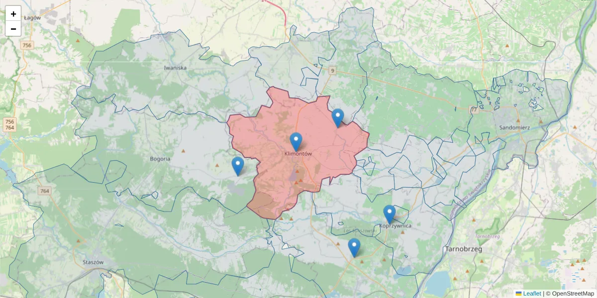 Szczegółowa mapa kodu pocztowego 27-640 z granicami, sąsiednimi kodami pocztowymi i urzędami pocztowymi