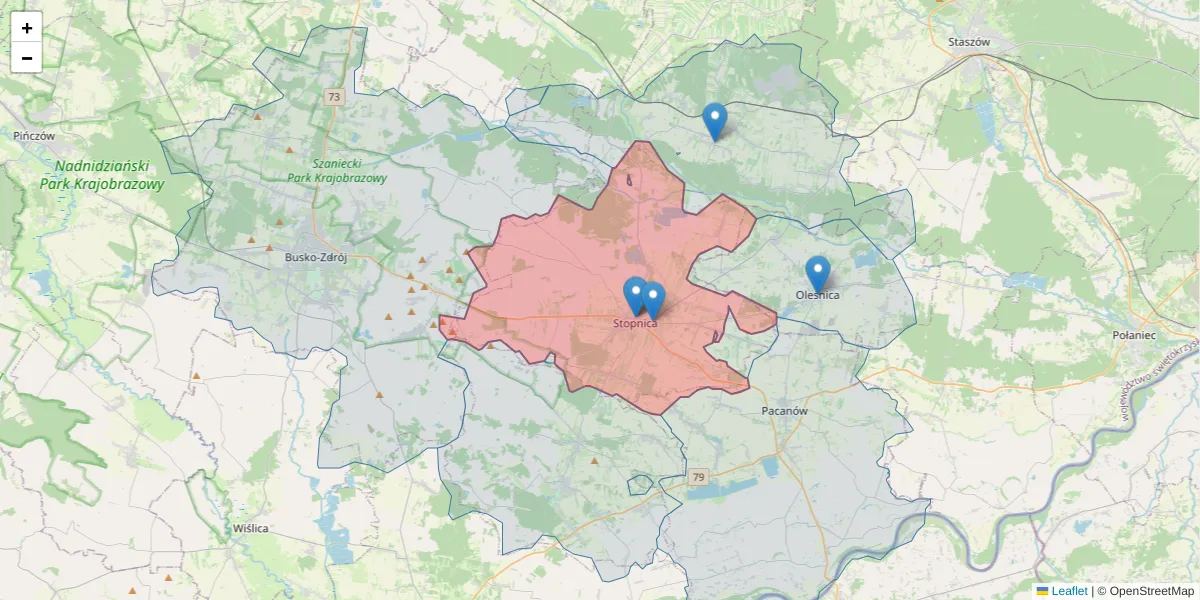 Szczegółowa mapa kodu pocztowego 28-130 z granicami, sąsiednimi kodami pocztowymi i urzędami pocztowymi