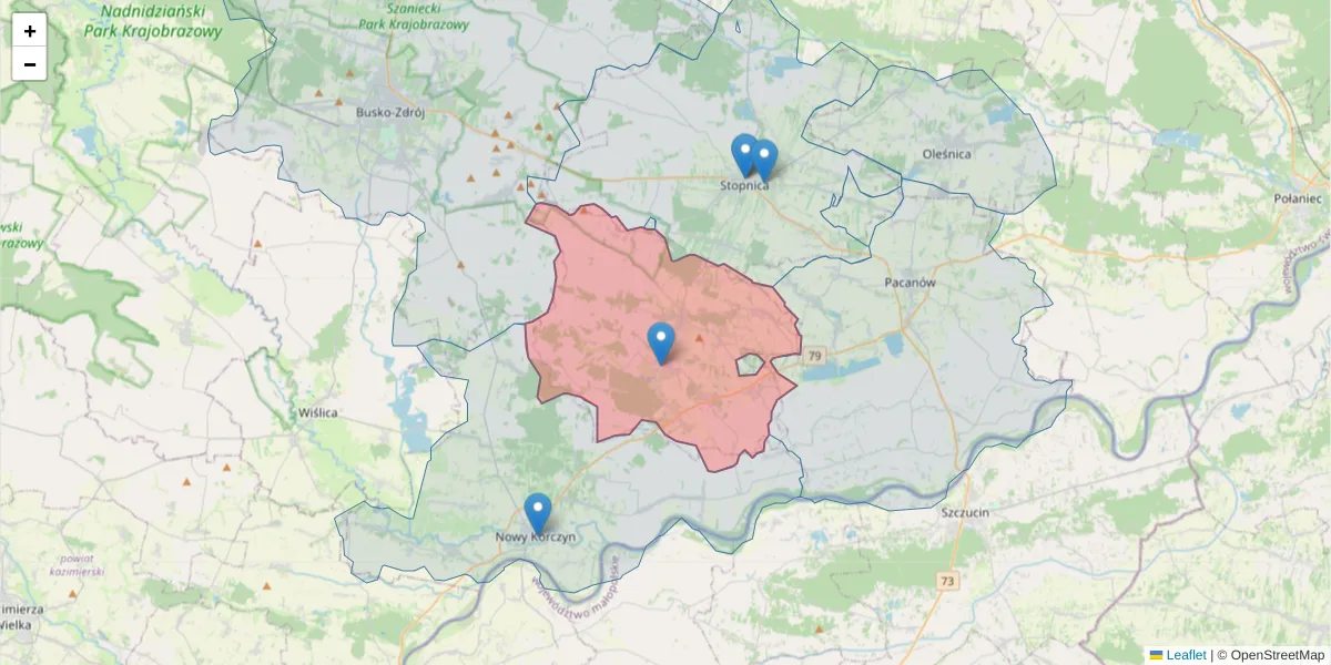 Szczegółowa mapa kodu pocztowego 28-131 z granicami, sąsiednimi kodami pocztowymi i urzędami pocztowymi