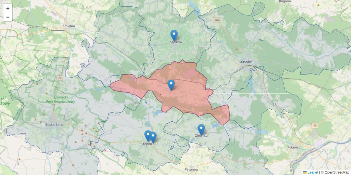 Szczegółowa mapa kodu pocztowego 28-142 z granicami, sąsiednimi kodami pocztowymi i urzędami pocztowymi