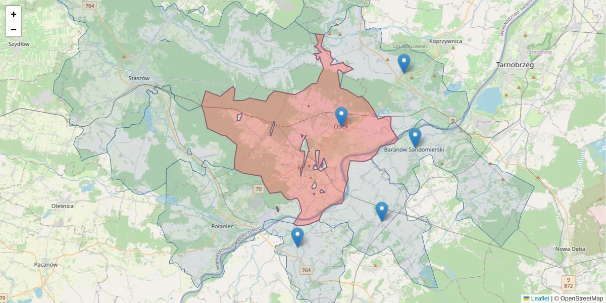 Szczegółowa mapa kodu pocztowego 28-221 z granicami, sąsiednimi kodami pocztowymi i urzędami pocztowymi