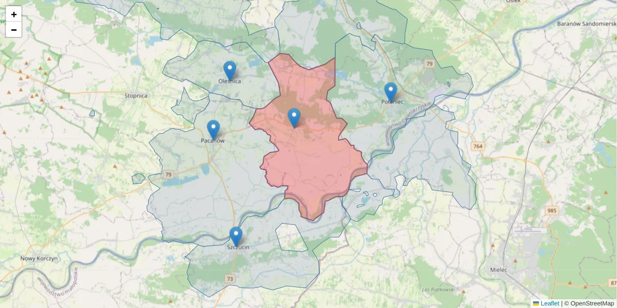 Szczegółowa mapa kodu pocztowego 28-232 z granicami, sąsiednimi kodami pocztowymi i urzędami pocztowymi