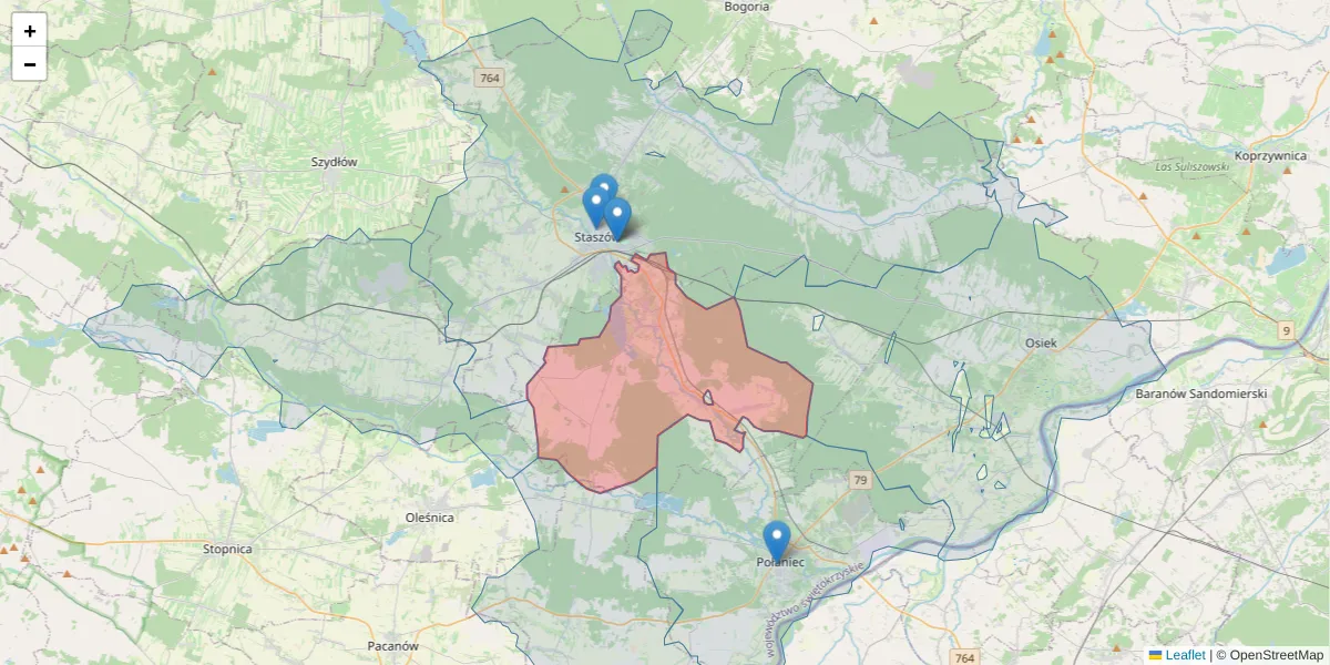 Szczegółowa mapa kodu pocztowego 28-236 z granicami, sąsiednimi kodami pocztowymi i urzędami pocztowymi