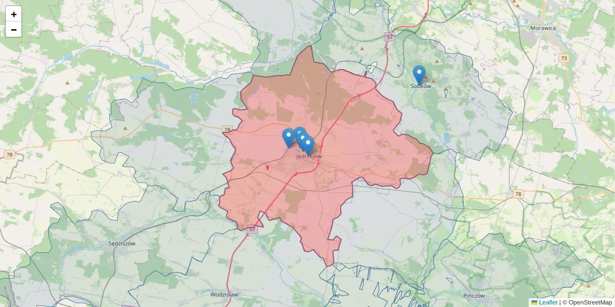 Szczegółowa mapa kodu pocztowego 28-300 z granicami, sąsiednimi kodami pocztowymi i urzędami pocztowymi