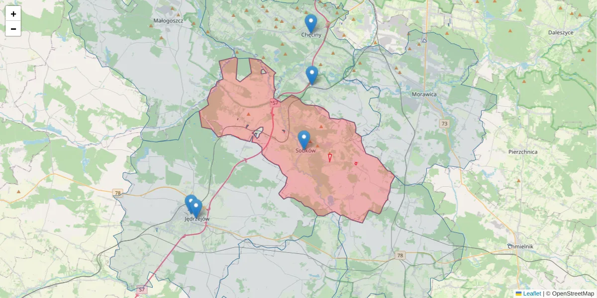 Szczegółowa mapa kodu pocztowego 28-305 z granicami, sąsiednimi kodami pocztowymi i urzędami pocztowymi