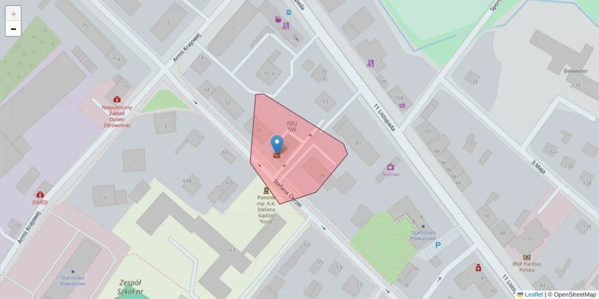 Szczegółowa mapa kodu pocztowego 28-310 z granicami, sąsiednimi kodami pocztowymi i urzędami pocztowymi