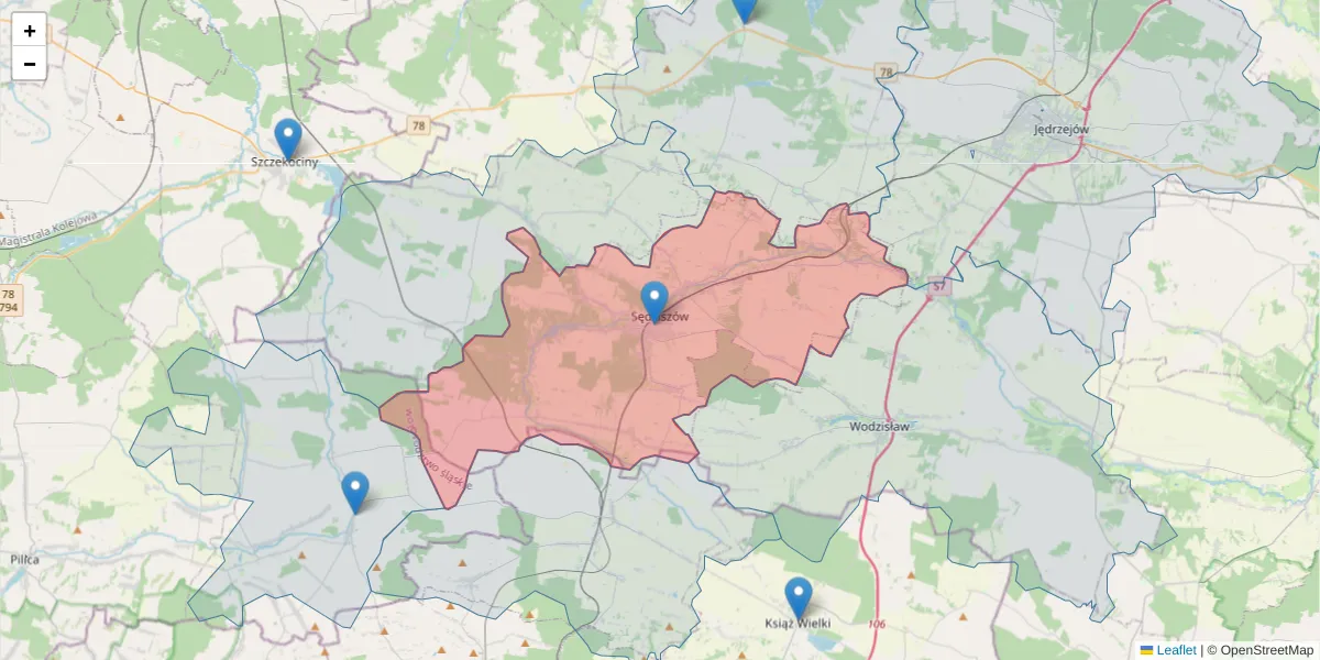 Szczegółowa mapa kodu pocztowego 28-340 z granicami, sąsiednimi kodami pocztowymi i urzędami pocztowymi
