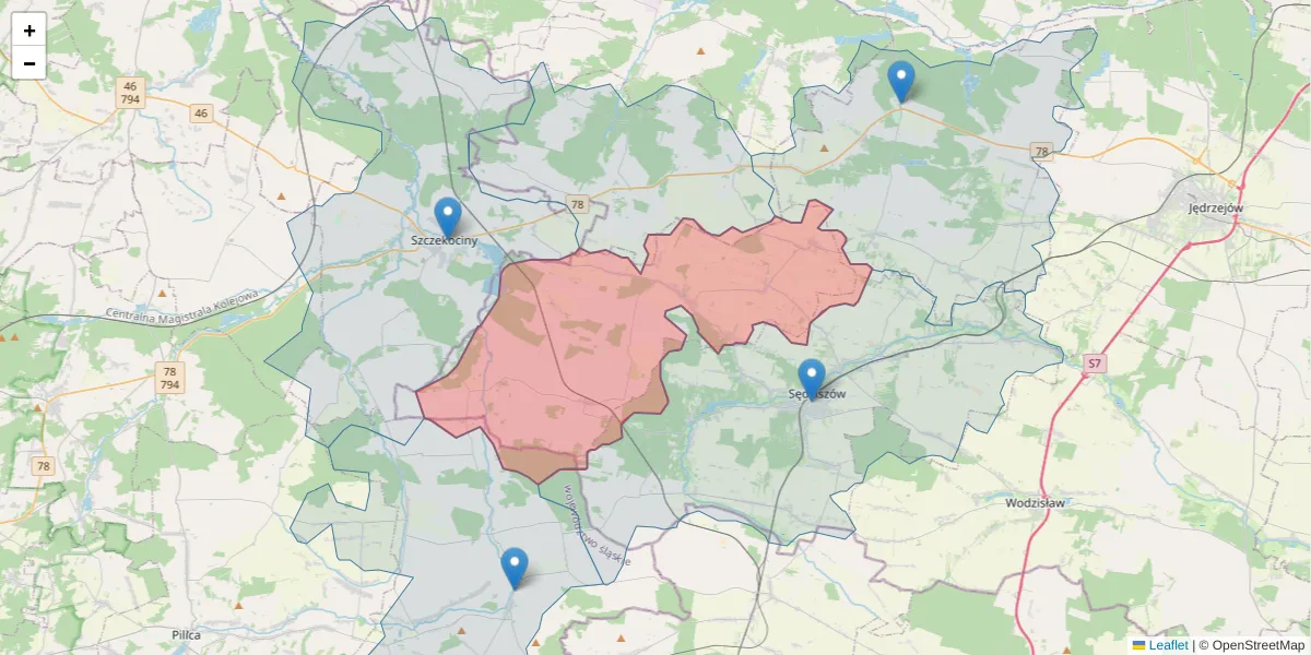 Szczegółowa mapa kodu pocztowego 28-350 z granicami, sąsiednimi kodami pocztowymi i urzędami pocztowymi