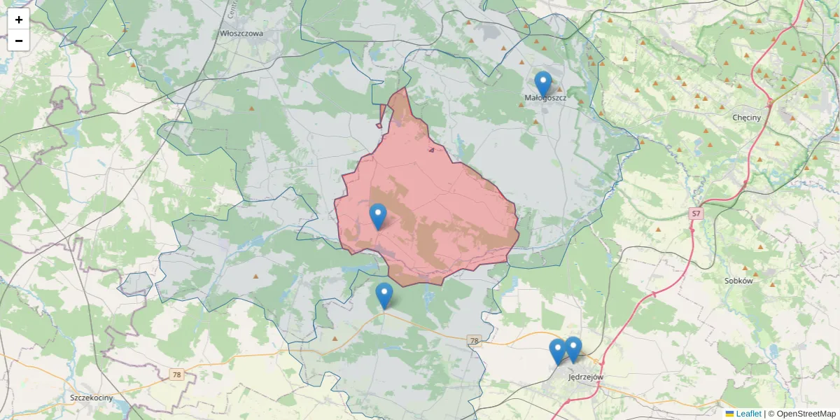 Szczegółowa mapa kodu pocztowego 28-363 z granicami, sąsiednimi kodami pocztowymi i urzędami pocztowymi