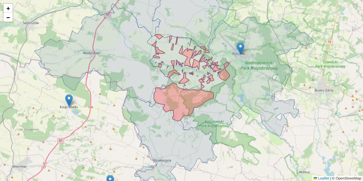 Szczegółowa mapa kodu pocztowego 28-411 z granicami, sąsiednimi kodami pocztowymi i urzędami pocztowymi