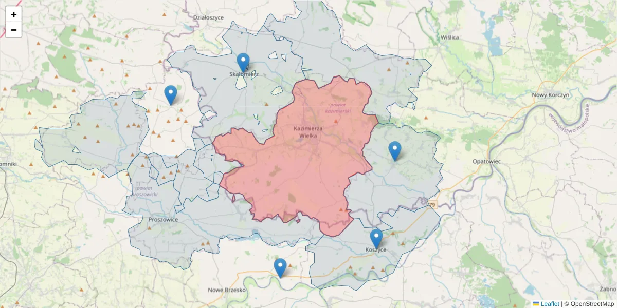 Szczegółowa mapa kodu pocztowego 28-500 z granicami, sąsiednimi kodami pocztowymi i urzędami pocztowymi
