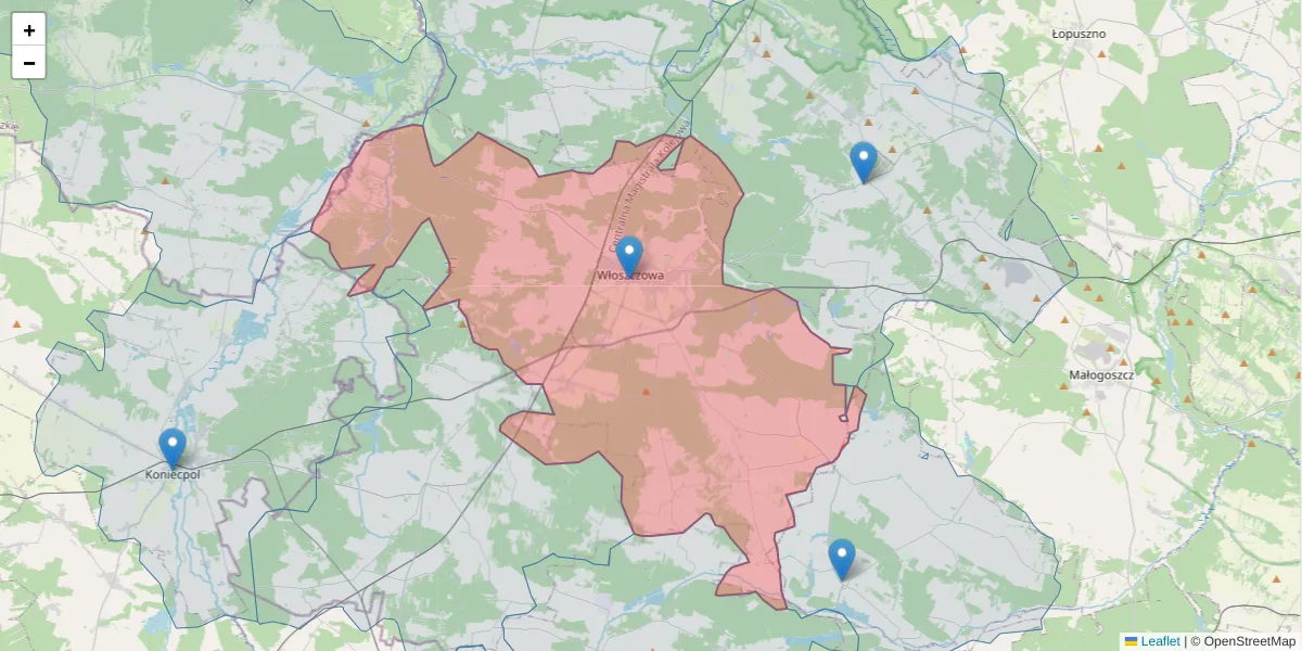 Szczegółowa mapa kodu pocztowego 29-100 z granicami, sąsiednimi kodami pocztowymi i urzędami pocztowymi